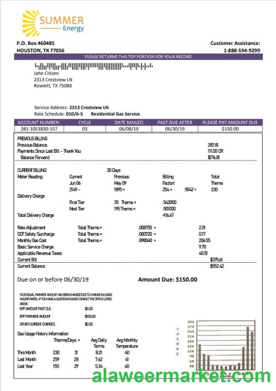 USA Texas Summer Energy easy fillable utility bill template in Word and PDF format